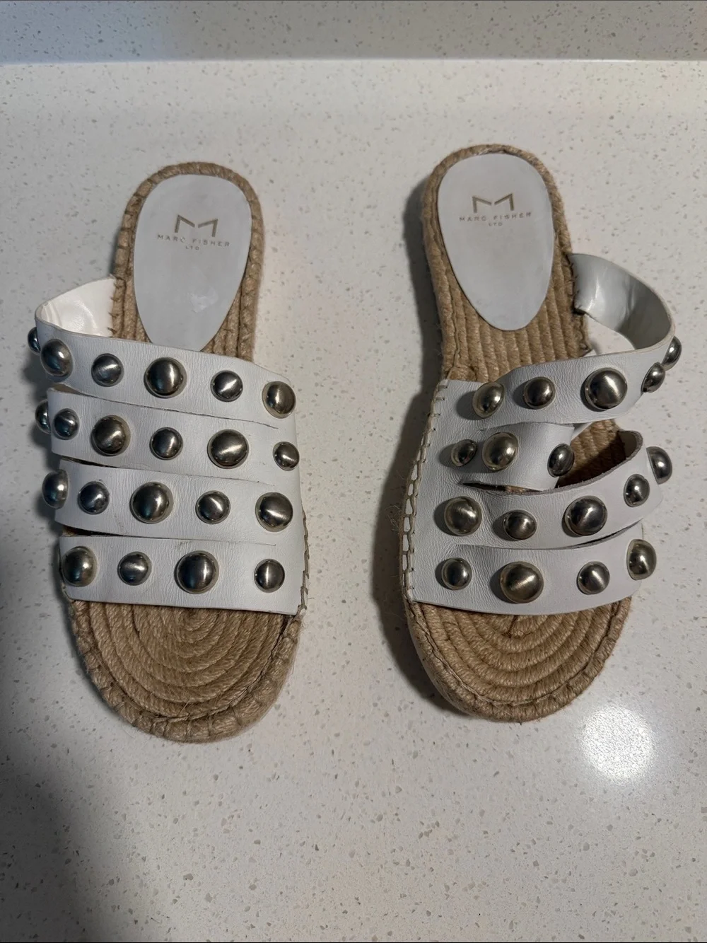 Marc Fisher White Studded Espadrille Slide Sandals